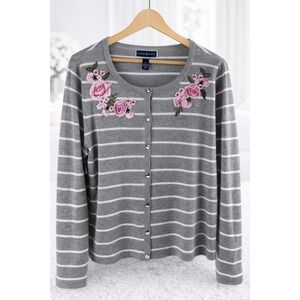 Karen Scott Floral Embroidered Cardigan Sweater Button Front Gray Pink Size XL